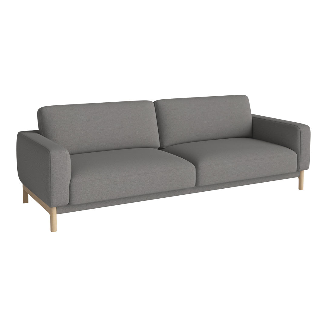 Modern gray fabric sofa with minimalist design and natural wood legs. Ideal for contemporary living spaces.