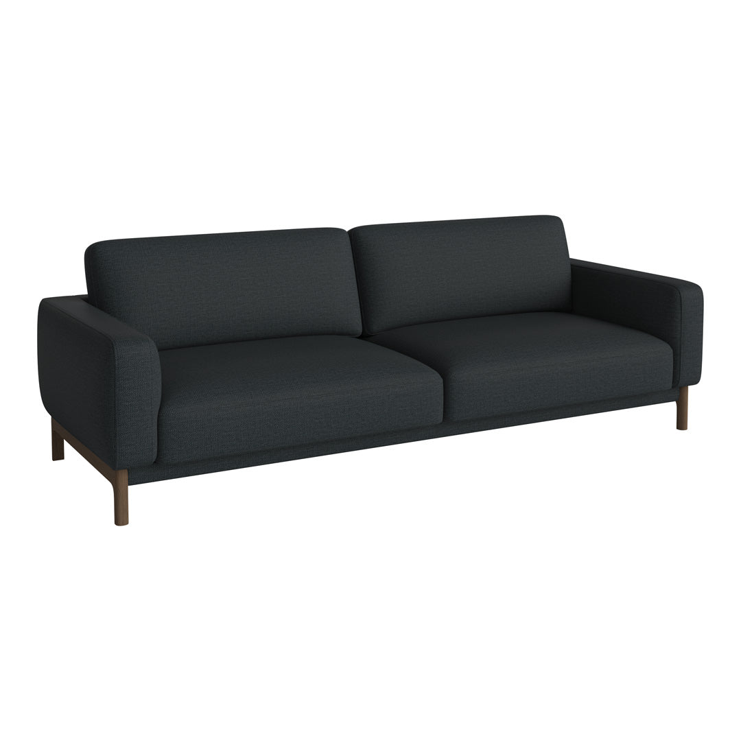 Modern black sofa with clean lines and minimalistic design, featuring solid upholstery and wooden legs.