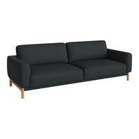 Black sofa with a smooth fabric finish and wooden legs, featuring a minimalist design and contemporary style.
