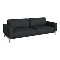 Modern black sofa with a sleek design and wooden legs, featuring solid color upholstery and a minimalist style.