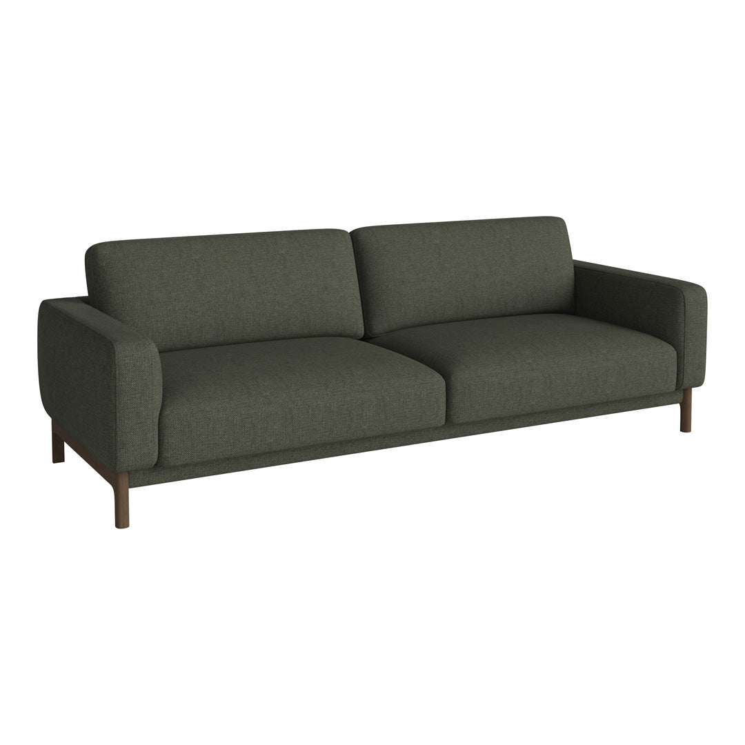 Dark green upholstered sofa with a minimalistic design and smooth texture, featuring a sturdy wooden base.