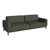 Dark green upholstered sofa with a minimalistic design and smooth texture, featuring a sturdy wooden base.