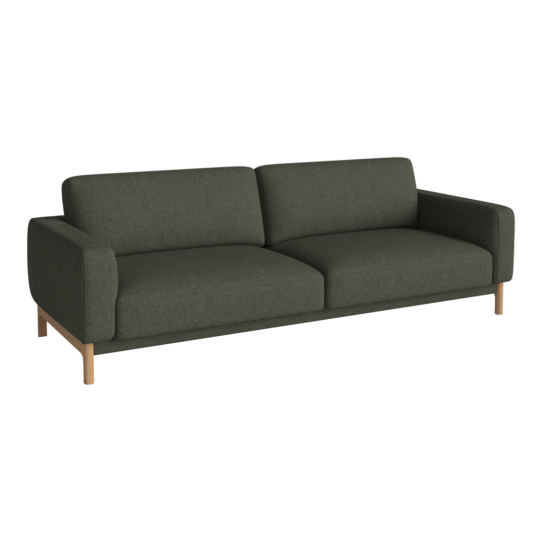 Olive green fabric sofa with clean lines and a modern design, featuring light wooden legs.