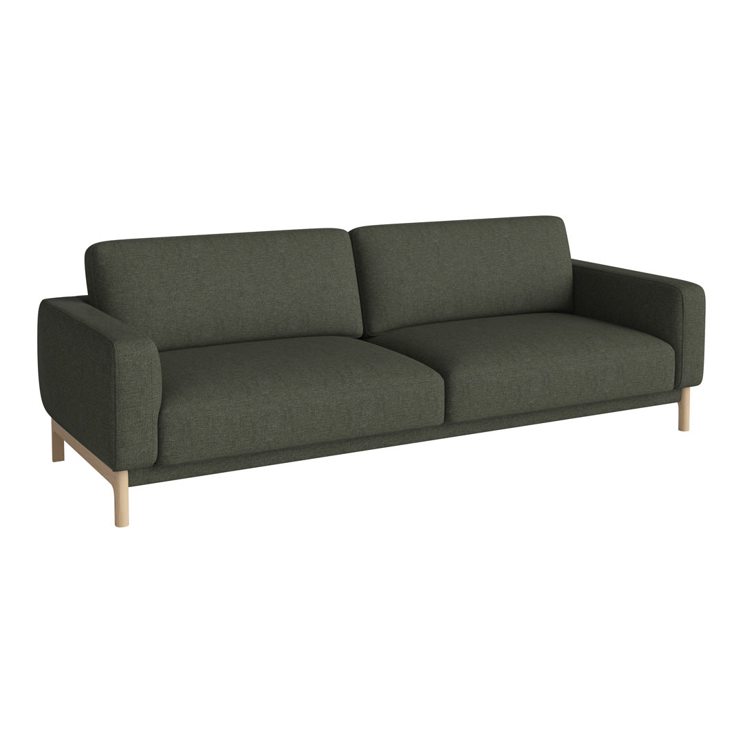 Modern dark green sofa with minimalist design and light wooden legs, perfect for contemporary living spaces.