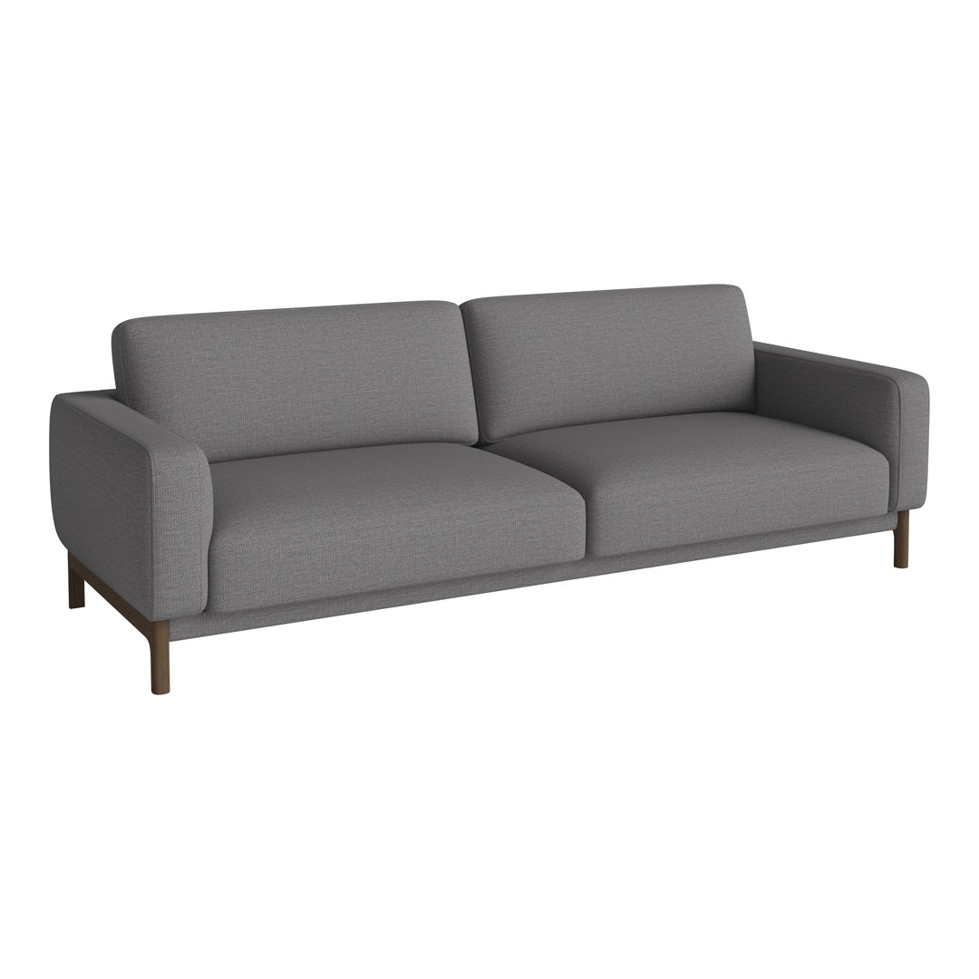 Grey upholstered sofa with a clean, modern design and simple lines. Features a solid wooden base.