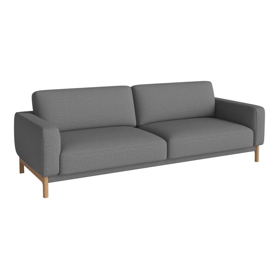 Gray fabric sofa with a sleek, modern design and natural wood legs. Simple, minimalist aesthetic for versatile decor.