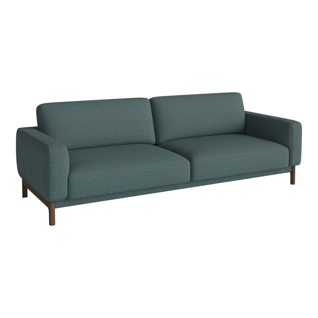 Teal modern sofa with a minimalist design, featuring a textured fabric and solid wood legs.