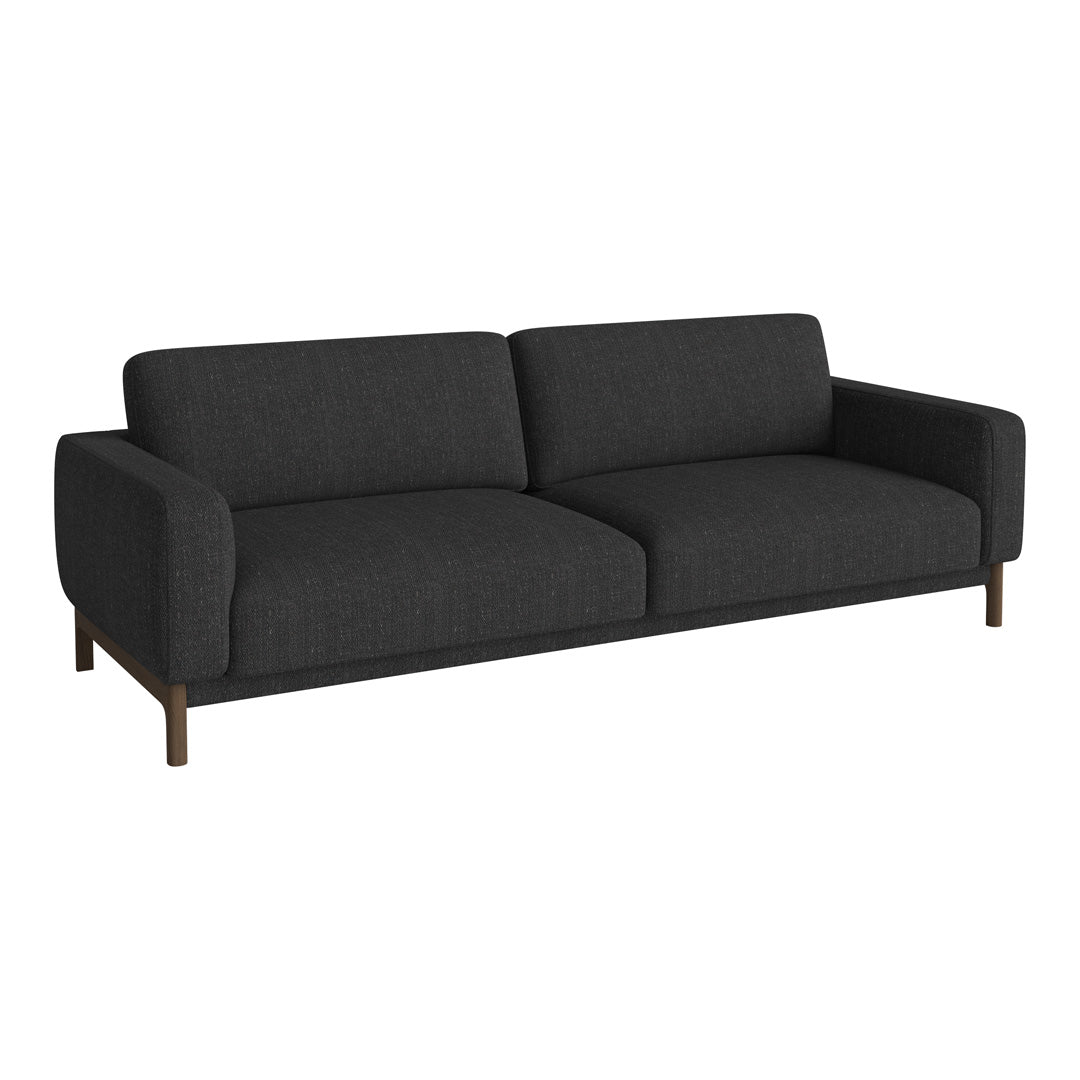 Modern dark gray fabric sofa with subtle texture and clean lines, featuring a sleek black base and brown wooden legs.
