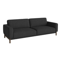 Modern dark gray fabric sofa with subtle texture and clean lines, featuring a sleek black base and brown wooden legs.