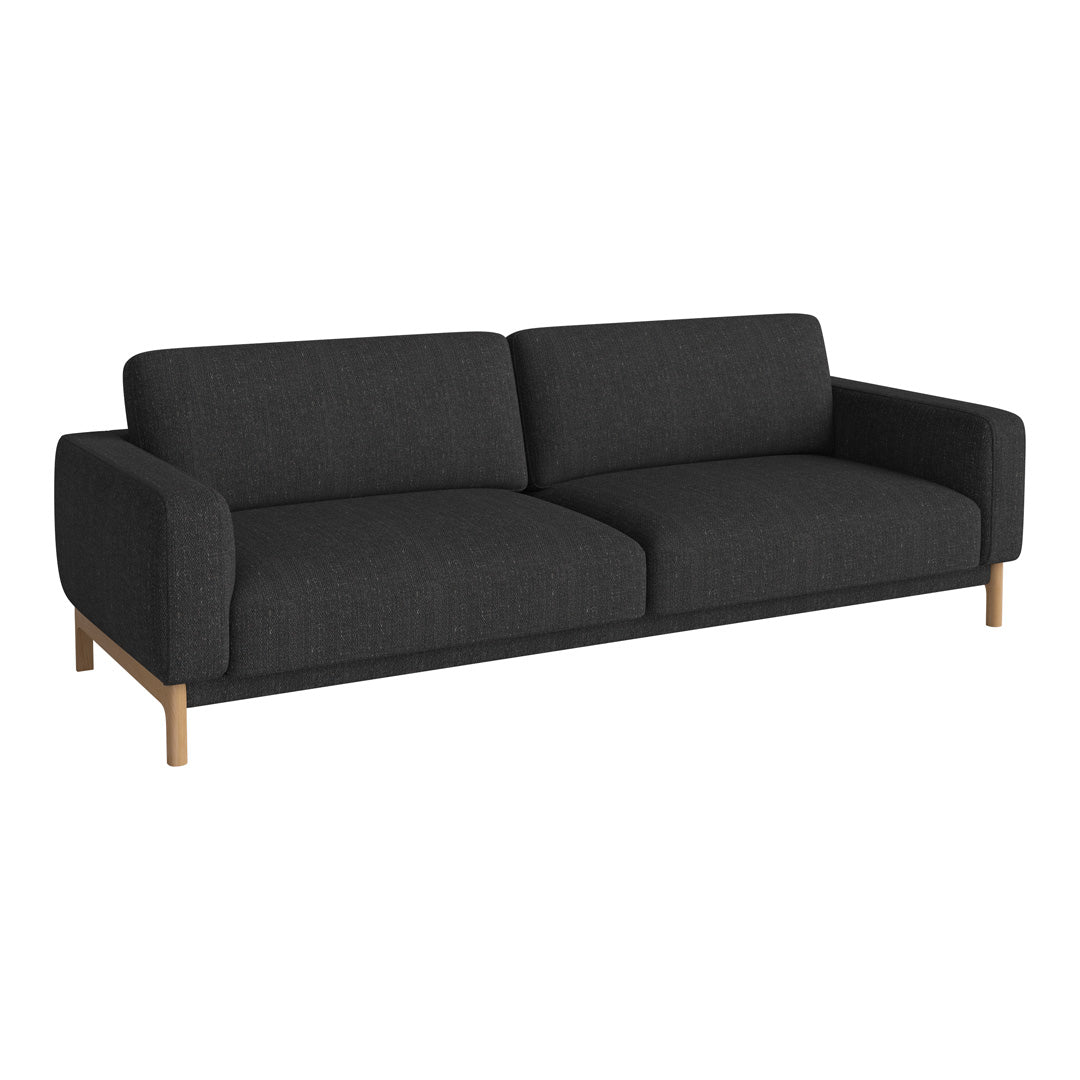 Modern dark gray sofa with a sleek design and wooden legs, featuring a solid color fabric upholstery.