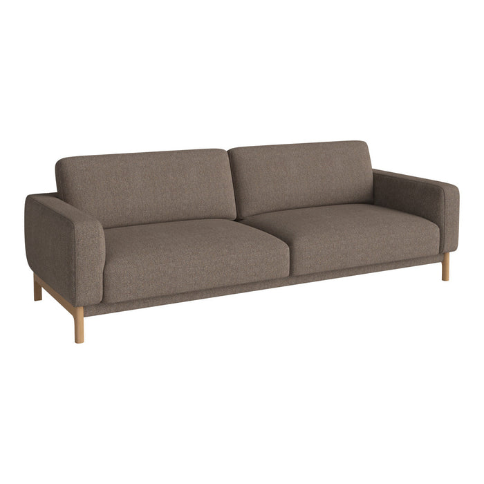 Modern brown fabric sofa with smooth texture and natural wood legs, ideal for contemporary living spaces.