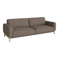 Stylish brown sofa with a smooth fabric texture and minimalist design, featuring light wooden legs.