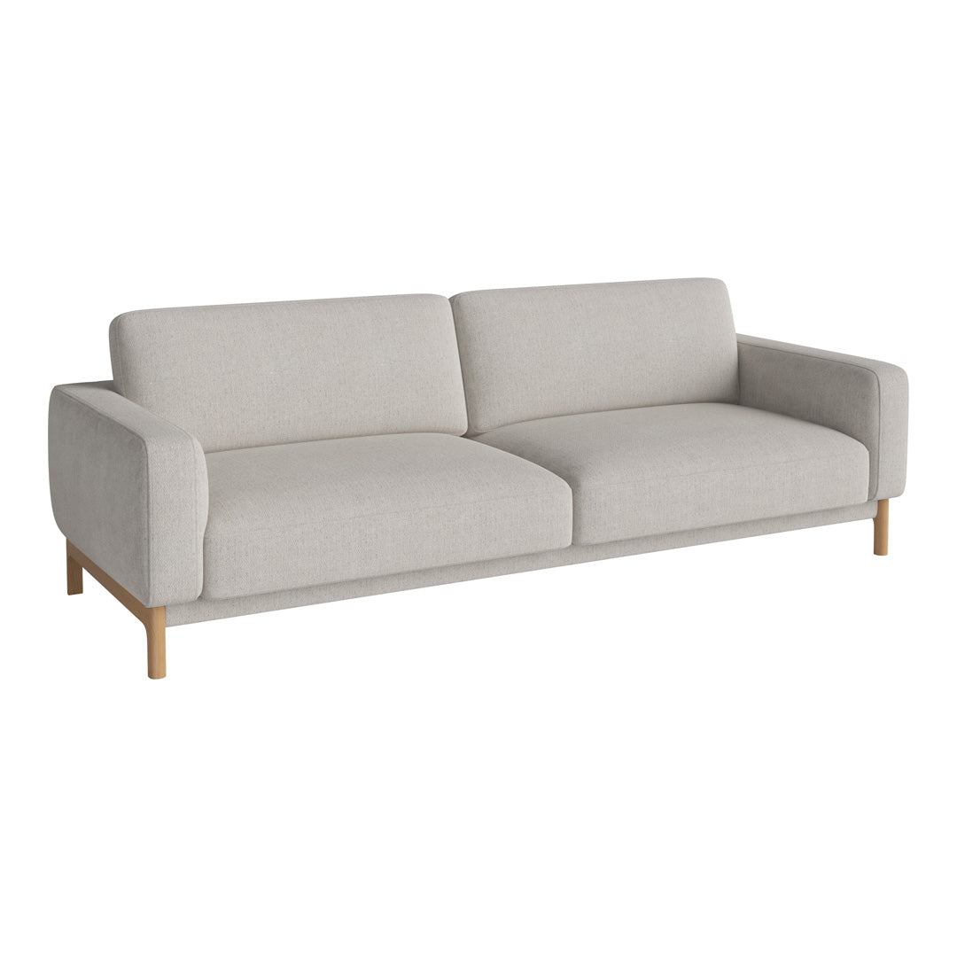 Light gray modern sofa with a minimalist design and smooth fabric, featuring a simple, solid pattern.