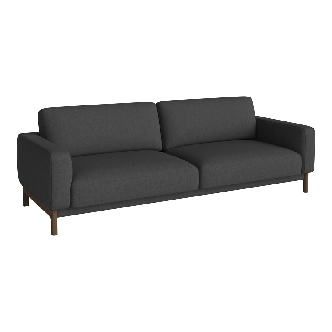 Stylish gray fabric sofa with clean lines and wooden legs, perfect for modern living spaces.