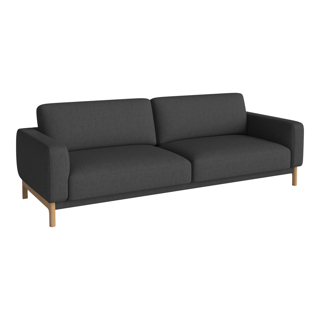 Modern gray sofa with a sleek design and subtle texture, complemented by a natural wood base.