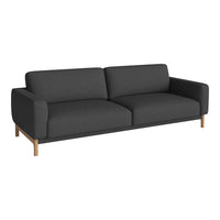 Modern gray sofa with a sleek design and subtle texture, complemented by a natural wood base.