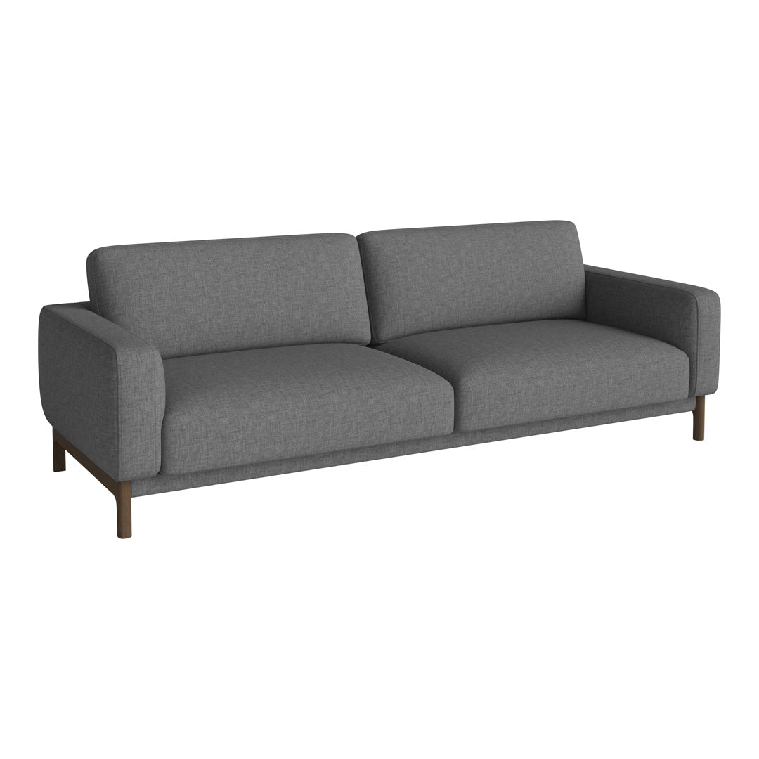 Grey fabric sofa with a simple, modern design and clean, straight lines.