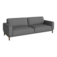 Grey fabric sofa with a simple, modern design and clean, straight lines.