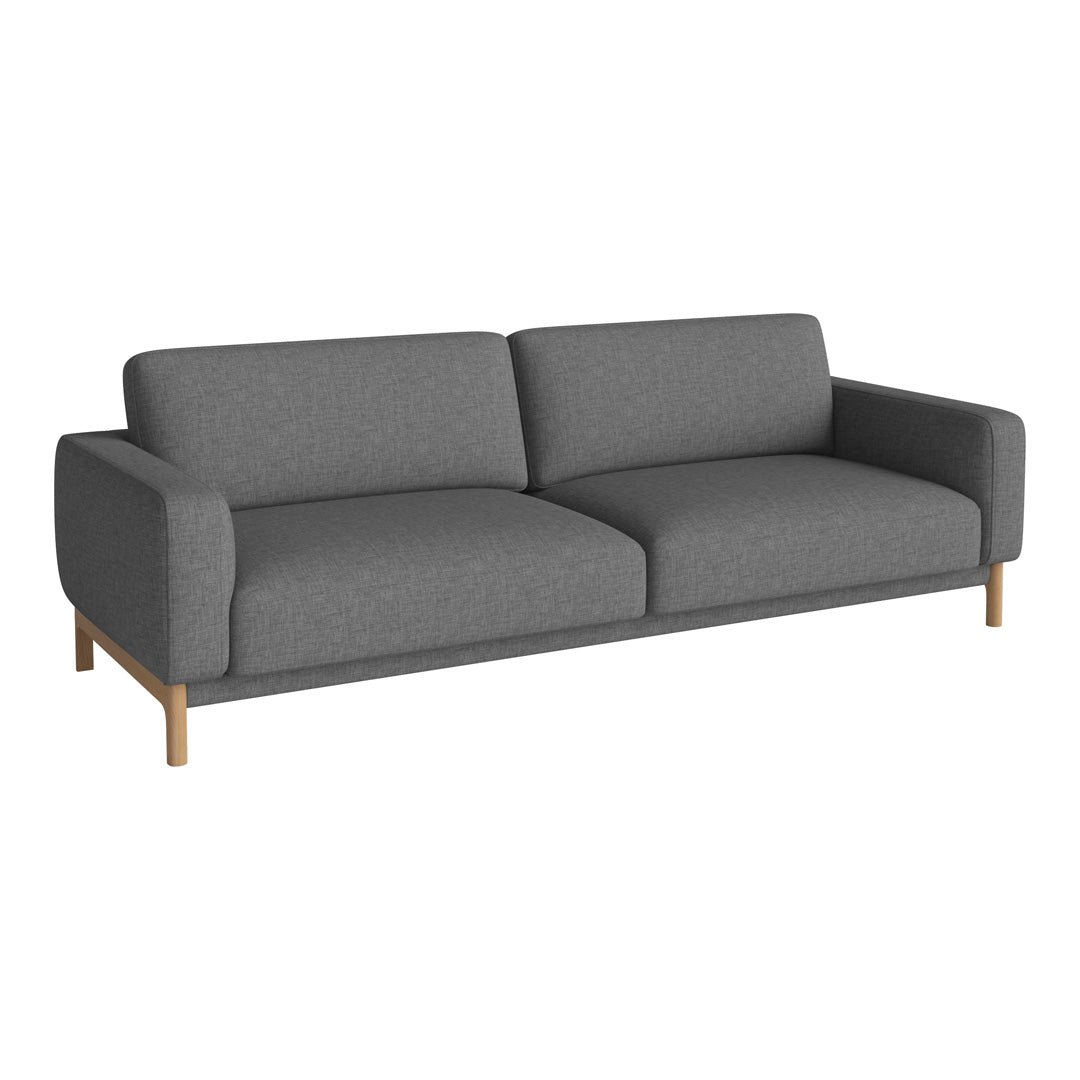 Gray upholstered sofa with a sleek, modern design and natural wood legs, showcasing a minimalist style.
