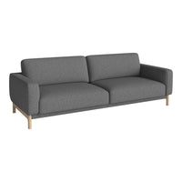 Gray upholstered sofa with textured fabric and clean lines, featuring a minimalist design and light wooden legs.