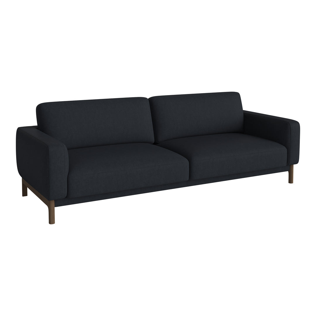 Modern black sofa with a smooth fabric finish and simple, clean lines. Perfect for contemporary living spaces.