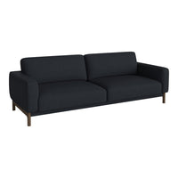 Modern black sofa with a smooth fabric finish and simple, clean lines. Perfect for contemporary living spaces.