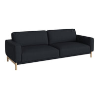 Modern black sofa with a sleek, minimalist design and light wooden legs. Ideal for contemporary living spaces.