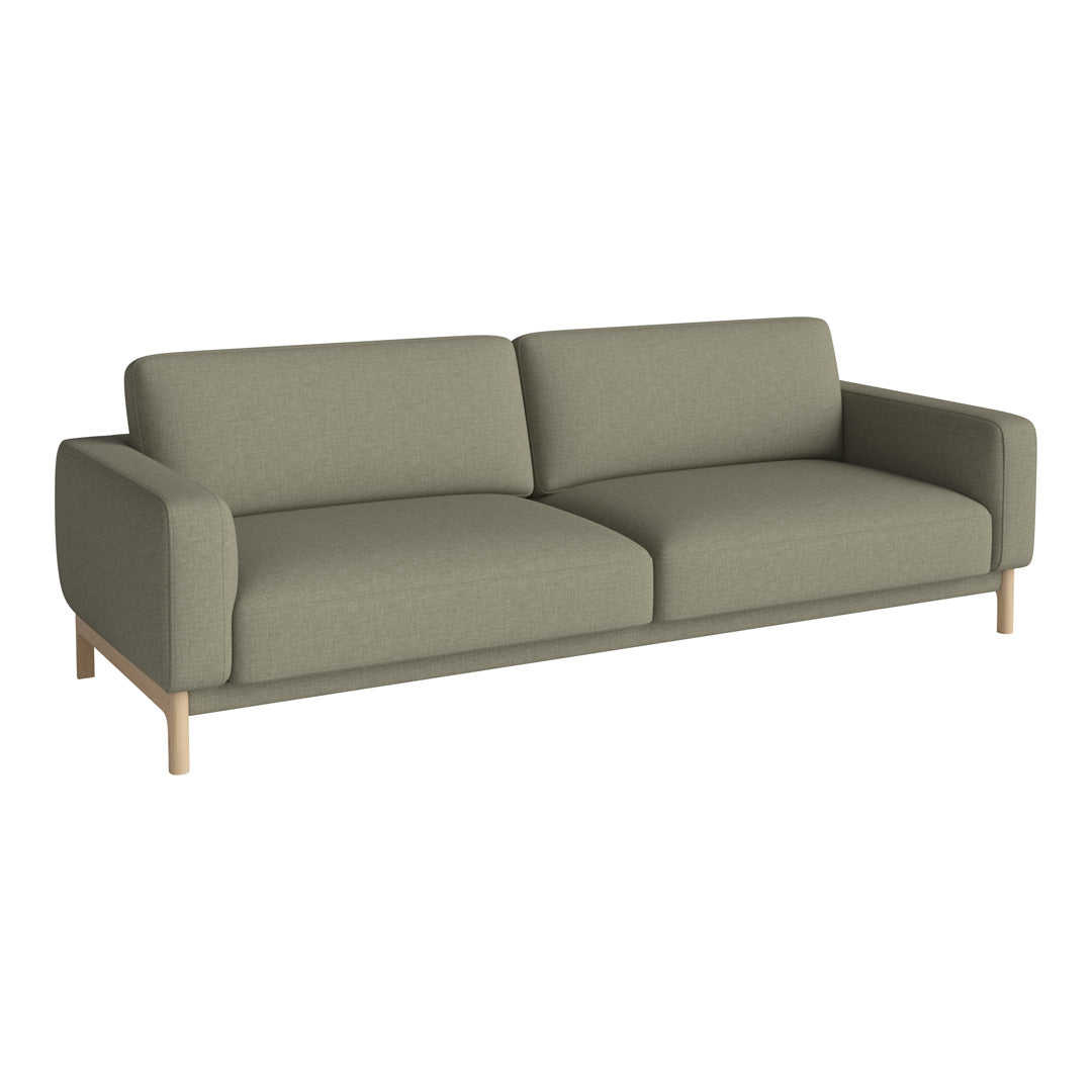 Sleek olive green sofa with minimalist design and light wood legs, perfect for contemporary interiors.