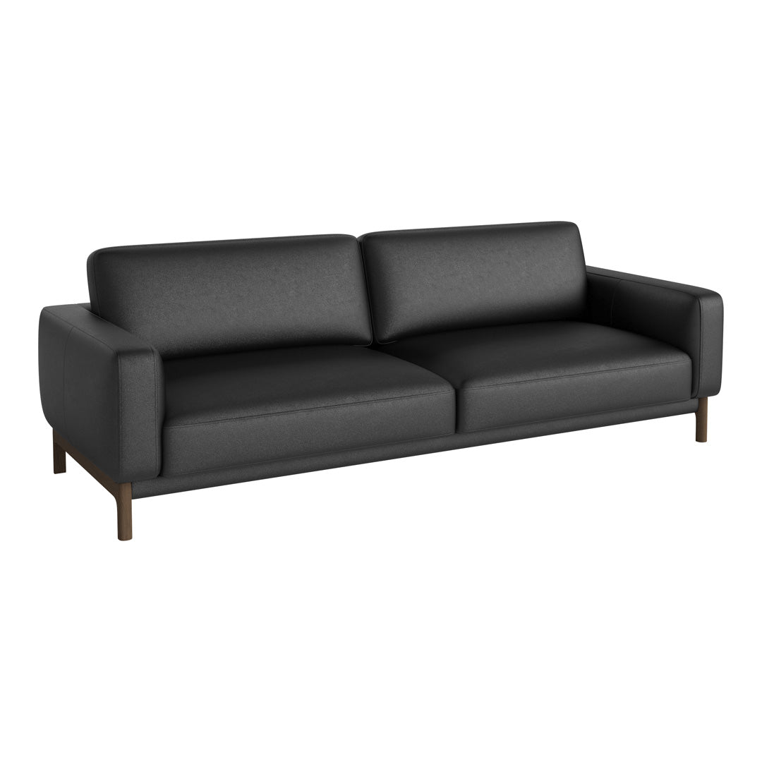 Modern black leather sofa with smooth texture and simple design, featuring a minimalist gray accent.