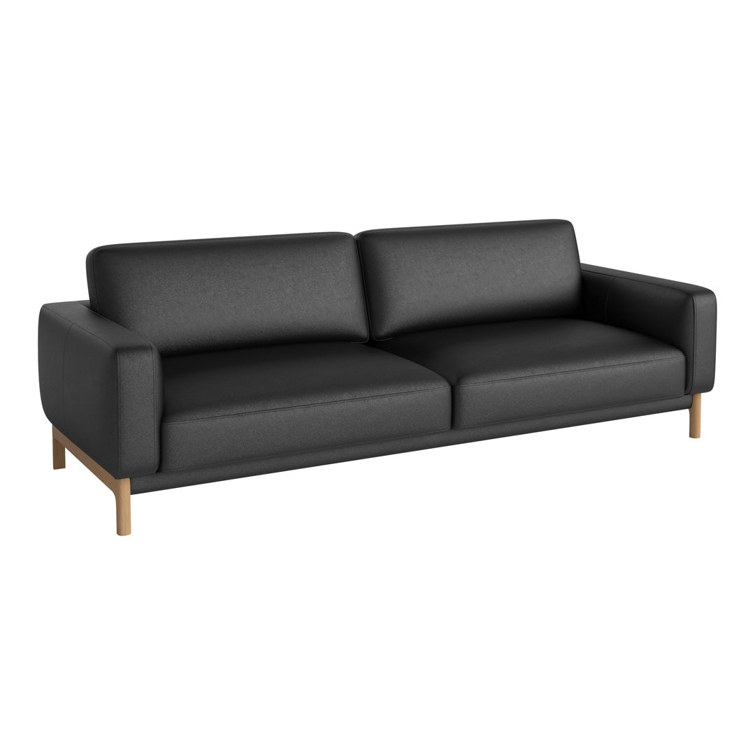Modern black sofa with smooth upholstery and wooden legs, featuring a minimalist design and clean lines.