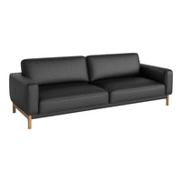 Modern black sofa with smooth upholstery and wooden legs, featuring a minimalist design and clean lines.