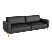 Sleek black sofa with smooth upholstery and light wooden legs, perfect for modern living spaces.