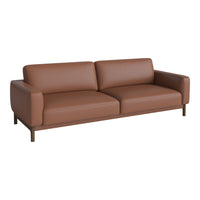 Brown leather couch with a sleek, modern design and minimalist wooden legs. Perfect for contemporary decor.