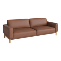 Brown leather sofa with a minimalist design and light wooden legs, perfect for modern interiors.