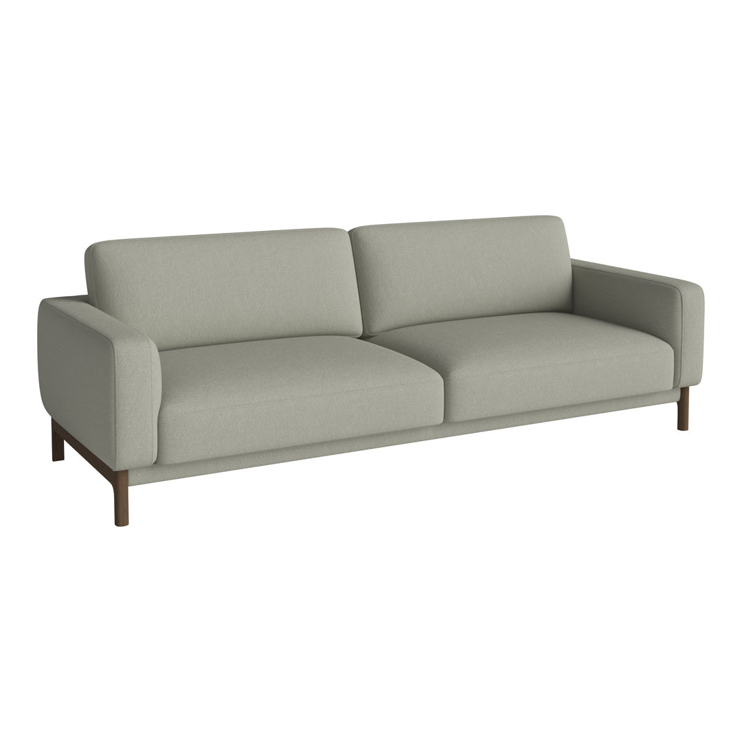 Light gray modern sofa with clean lines and a minimalist design, featuring a solid wood base.