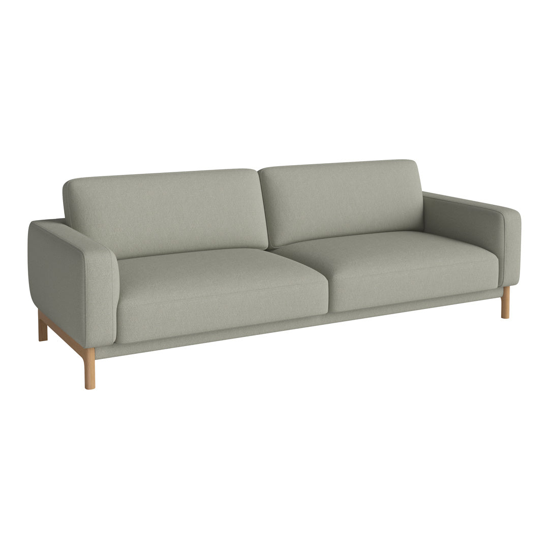 Light gray fabric sofa with a minimalist design and natural wood legs, featuring no distinct patterns.