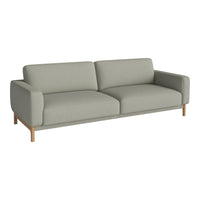 Light gray fabric sofa with a minimalist design and natural wood legs, featuring no distinct patterns.