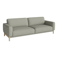 Light gray modern sofa with clean lines and soft fabric, featuring natural wood legs for an elegant touch.