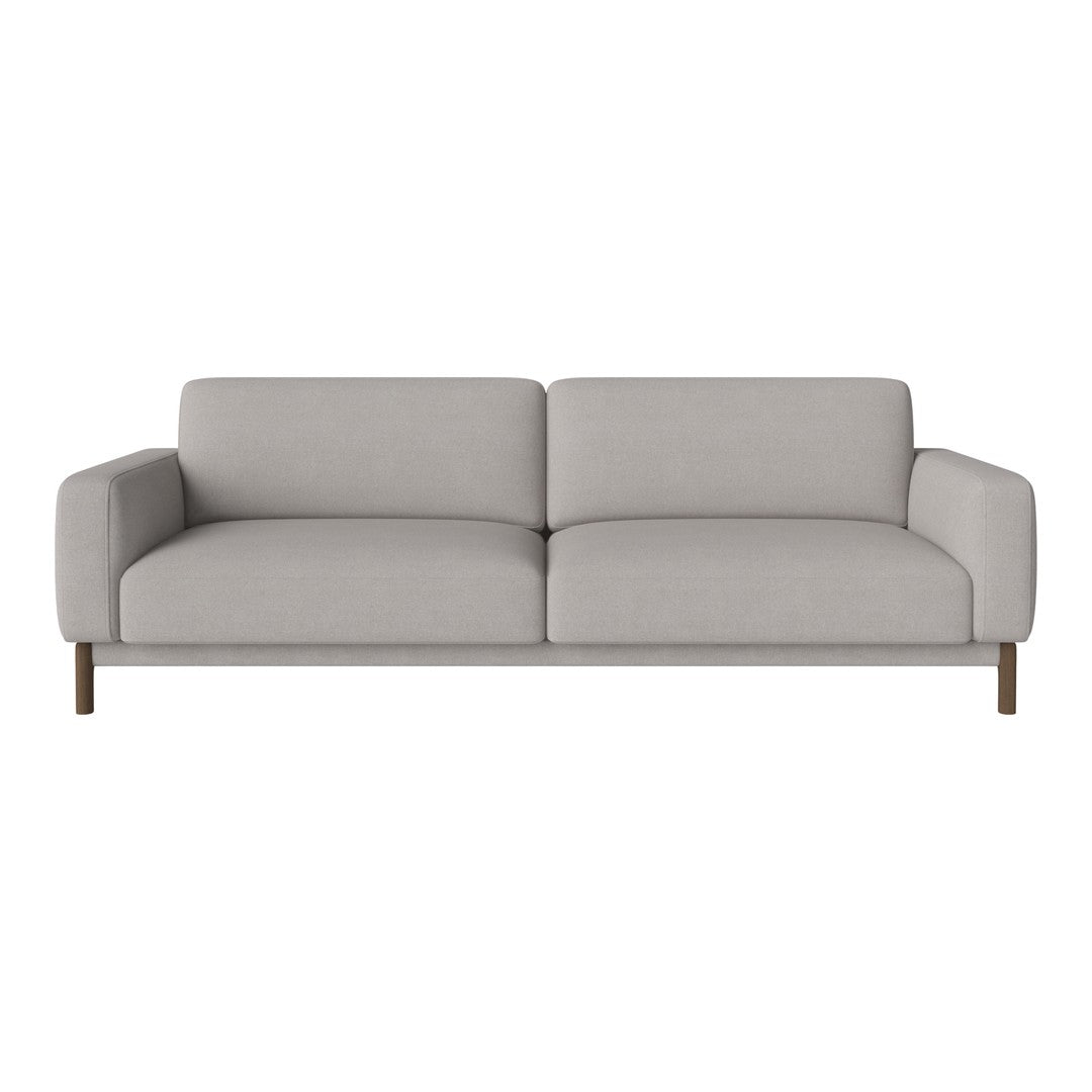 Light gray modern sofa with minimalist design and smooth fabric, featuring a clean wooden base.