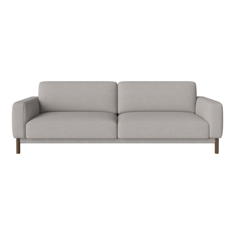 Light gray modern sofa with minimalist design and smooth fabric, featuring a clean wooden base.