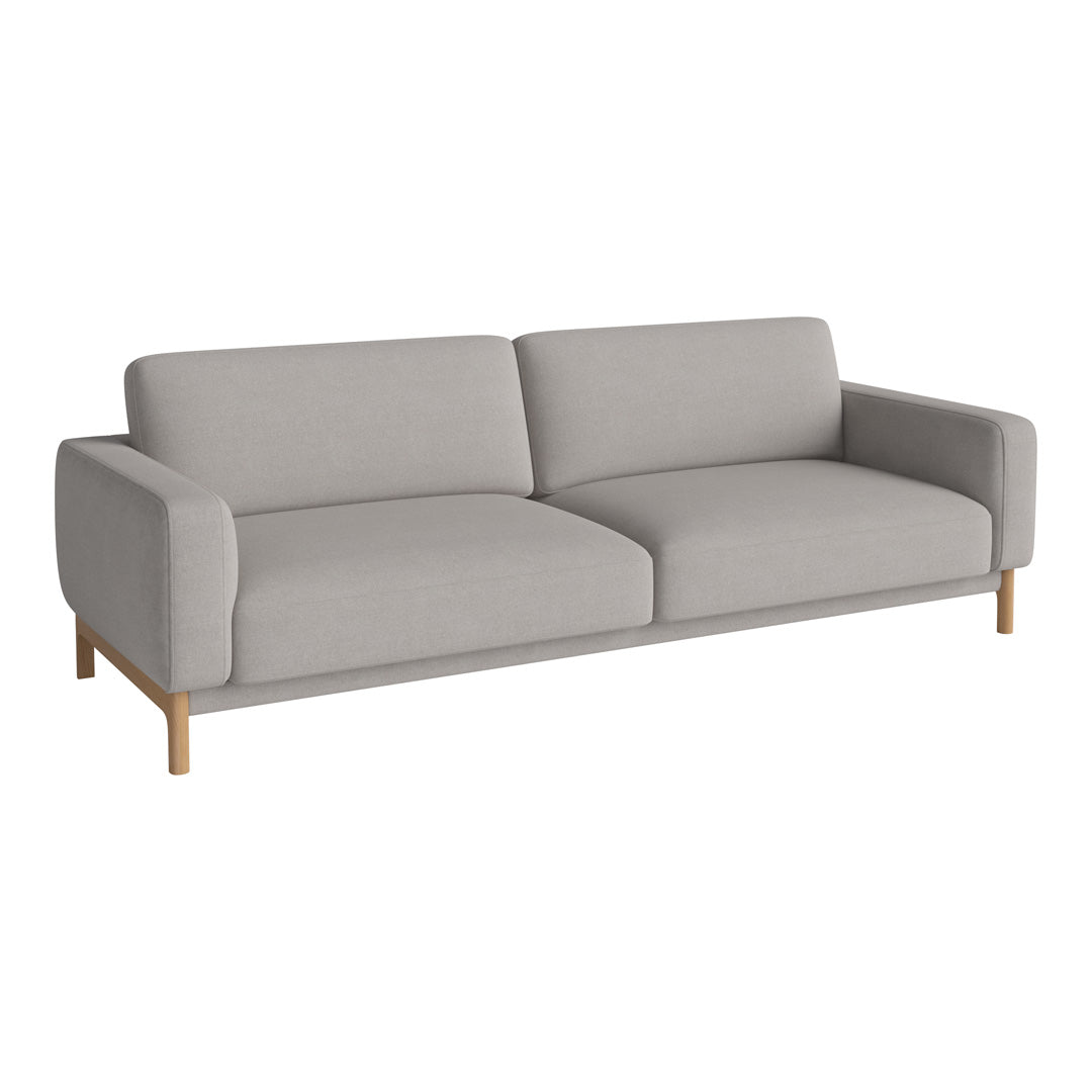 Light gray modern sofa with clean lines and a minimalist design, featuring a solid wood base.