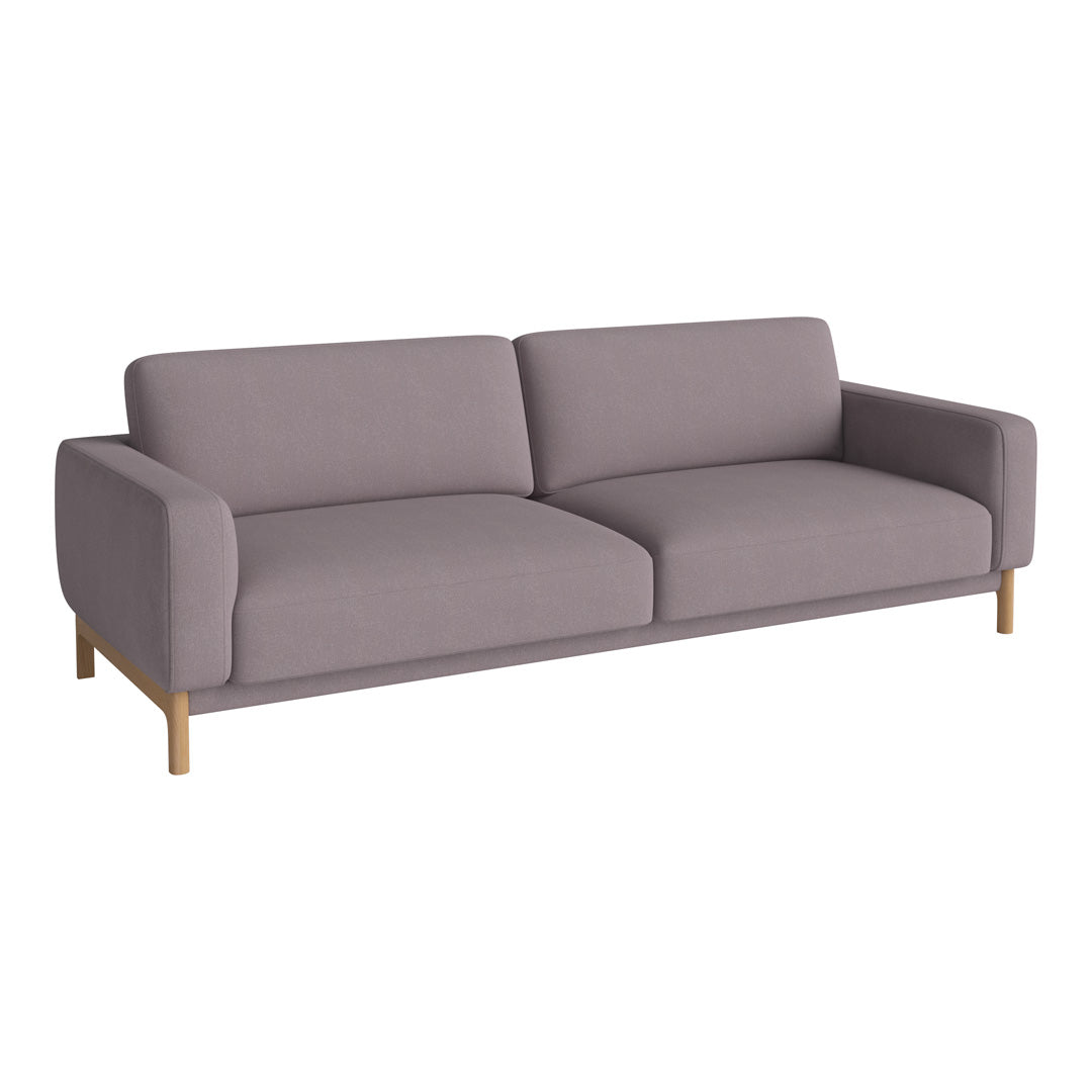 Soft gray fabric sofa with sleek lines and wooden legs, perfect for modern home decor.