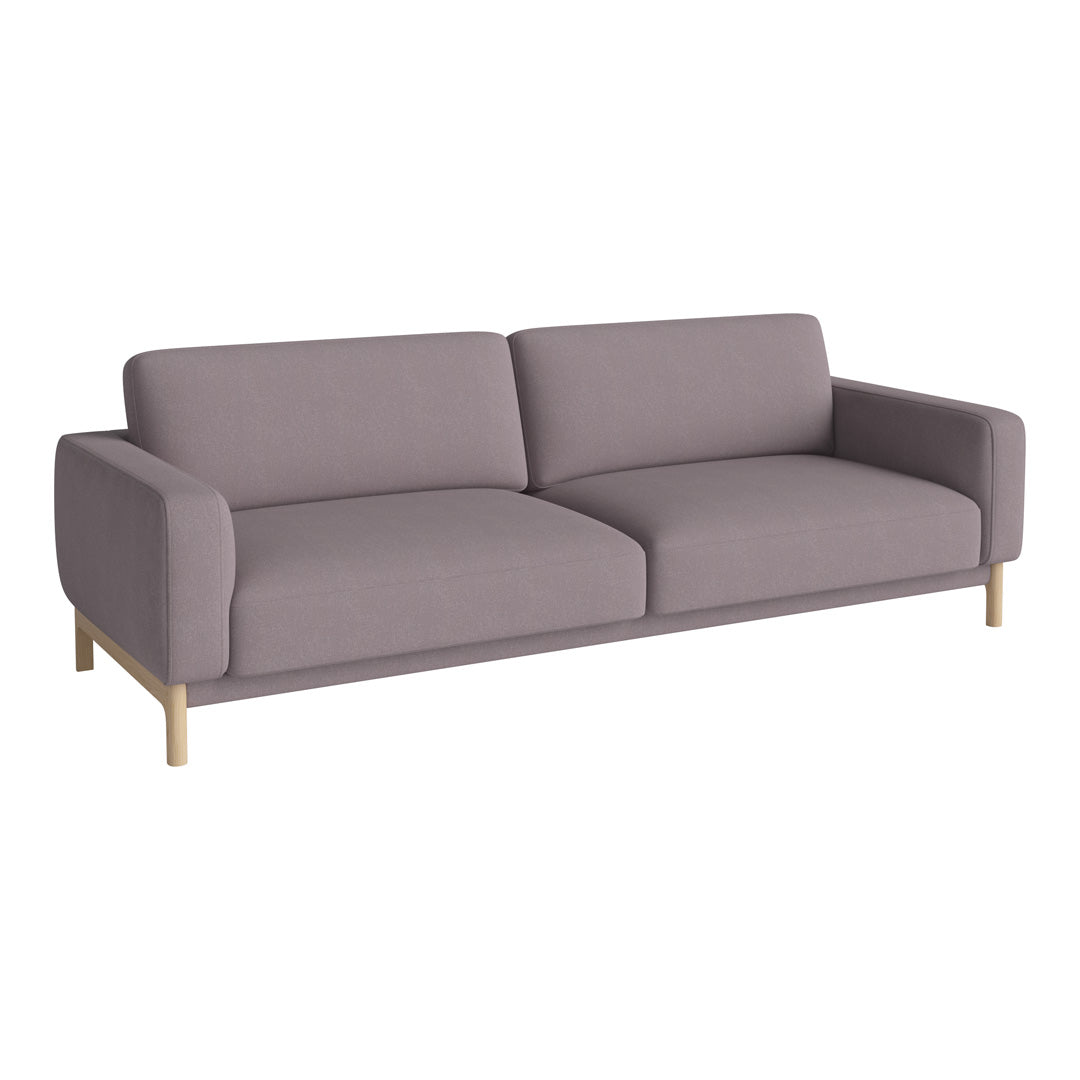 Modern gray sofa with smooth fabric and clean lines, featuring contrasting light wooden legs.