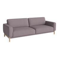 Modern gray sofa with smooth fabric and clean lines, featuring contrasting light wooden legs.