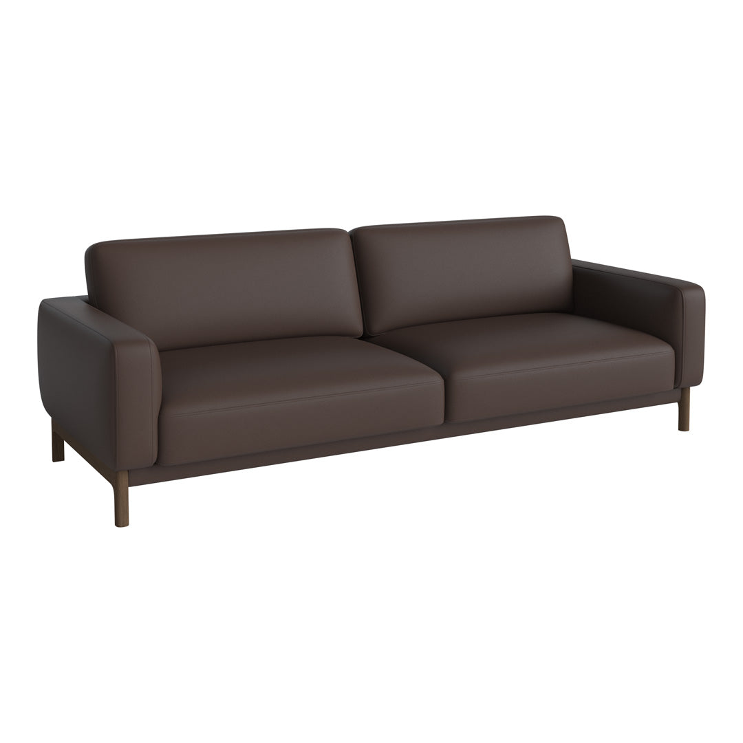 Brown leather sofa with a sleek, modern design and clean lines, featuring solid color without patterns.