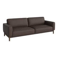 Brown leather sofa with a sleek, modern design and clean lines, featuring solid color without patterns.