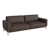 Brown leather sofa with a sleek design and smooth surface, complemented by natural wood legs.