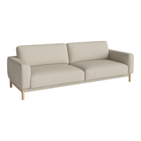 Light beige sofa with a minimalist design and smooth fabric, featuring simple lines and natural wood legs.