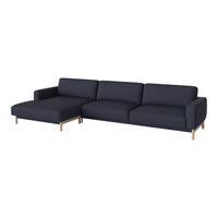 Modern navy blue sectional sofa with clean lines and gold metal legs, perfect for contemporary interiors.
