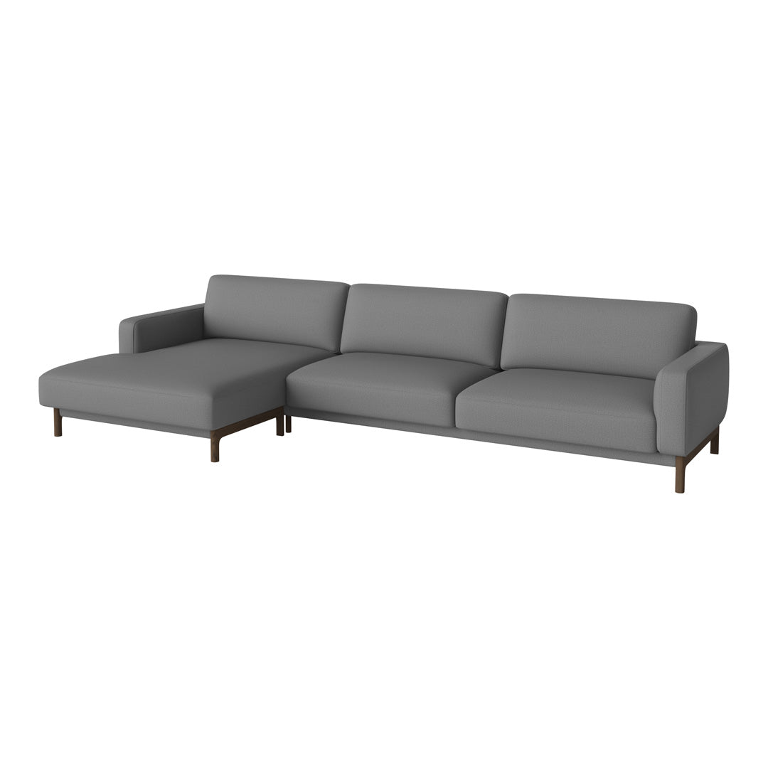Gray sectional sofa with a modern design and smooth fabric upholstery, featuring clean lines and wooden legs.